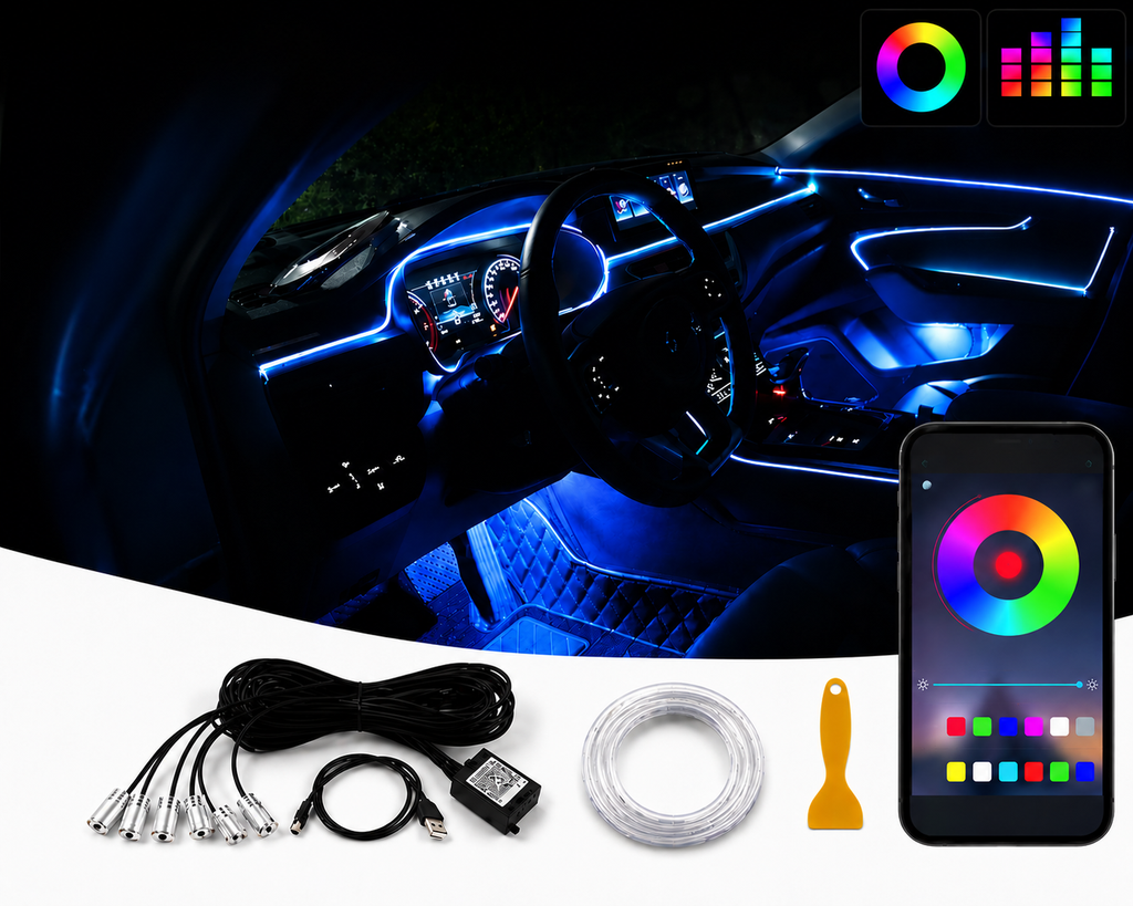 Ambiance LED RGB Intérieure – Éclairage Premium pour Voiture (16M Couleurs + App)